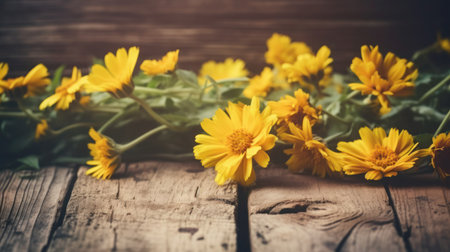 Beautiful yellow chrysanthemum flowers on a wooden backgroundの素材