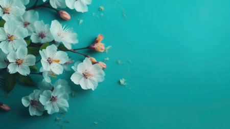 cherry blossom on turquoise background with space for textの素材