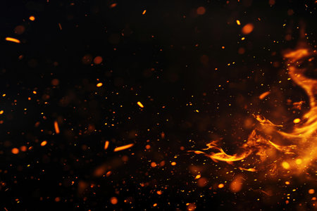 Fuel your creative projects with this vibrant image of flames on a bold black background, adding intensity to your designs.の素材