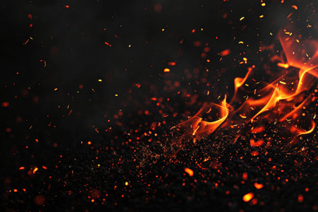 Fuel your creative projects with this vibrant image of flames on a bold black background, adding intensity to your designs.の素材