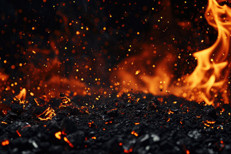 Fuel your creative projects with this vibrant image of flames on a bold black background, adding intensity to your designs.の素材