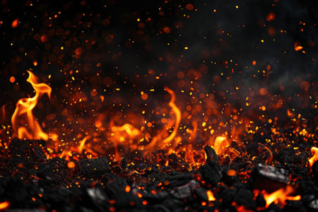 Fuel your creative projects with this vibrant image of flames on a bold black background, adding intensity to your designs.の素材