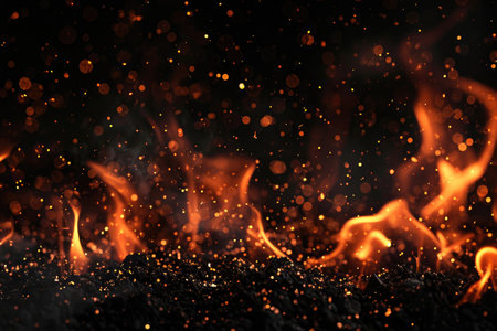Fuel your creative projects with this vibrant image of flames on a bold black background, adding intensity to your designs.の素材