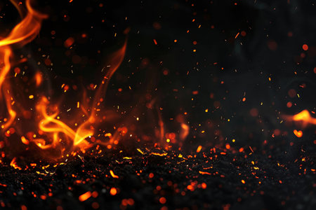 Fuel your creative projects with this vibrant image of flames on a bold black background, adding intensity to your designs.の素材