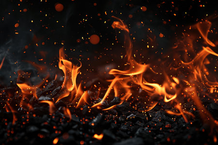 Fuel your creative projects with this vibrant image of flames on a bold black background, adding intensity to your designs.の素材