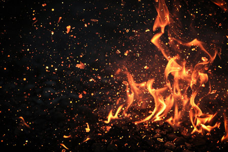 Fuel your creative projects with this vibrant image of flames on a bold black background, adding intensity to your designs.の素材