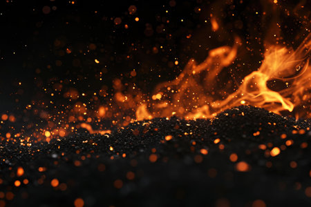 Fuel your creative projects with this vibrant image of flames on a bold black background, adding intensity to your designs.の素材