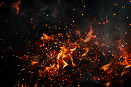 Fuel your creative projects with this vibrant image of flames on a bold black background, adding intensity to your designs.の素材