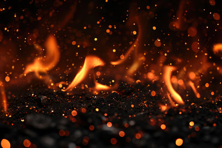 Fuel your creative projects with this vibrant image of flames on a bold black background, adding intensity to your designs.の素材