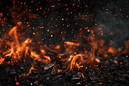 Fuel your creative projects with this vibrant image of flames on a bold black background, adding intensity to your designs.の素材