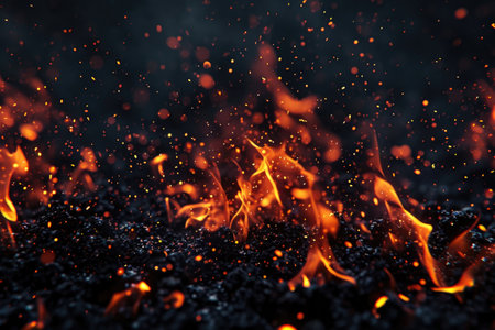 Fuel your creative projects with this vibrant image of flames on a bold black background, adding intensity to your designs.の素材