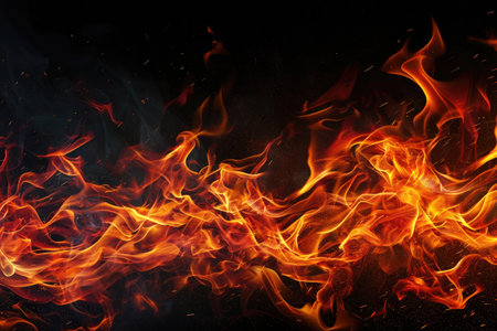 Fuel your creative projects with this vibrant image of flames on a bold black background, adding intensity to your designs.の素材