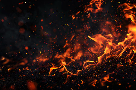 Fuel your creative projects with this vibrant image of flames on a bold black background, adding intensity to your designs.の素材