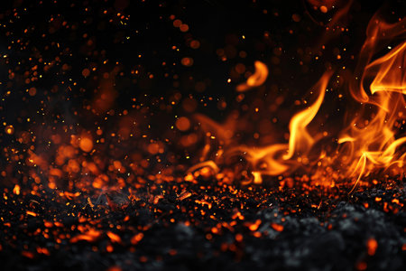 Fuel your creative projects with this vibrant image of flames on a bold black background, adding intensity to your designs.の素材