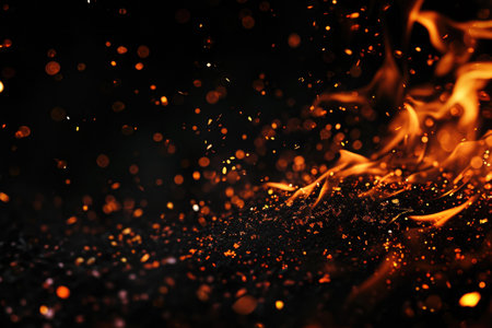 Fuel your creative projects with this vibrant image of flames on a bold black background, adding intensity to your designs.の素材
