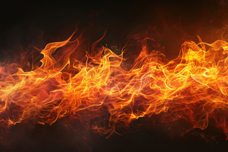 Fuel your creative projects with this vibrant image of flames on a bold black background, adding intensity to your designs.の素材