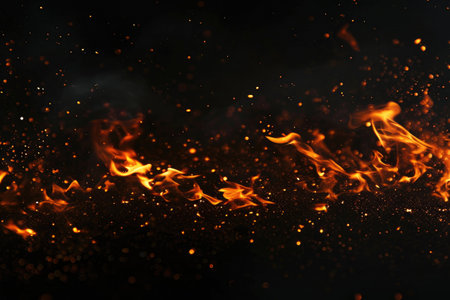 Fuel your creative projects with this vibrant image of flames on a bold black background, adding intensity to your designs.の素材