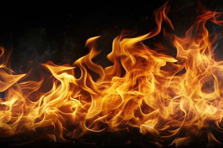 Fuel your creative projects with this vibrant image of flames on a bold black background, adding intensity to your designs.の素材