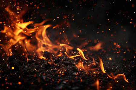 Fuel your creative projects with this vibrant image of flames on a bold black background, adding intensity to your designs.の素材