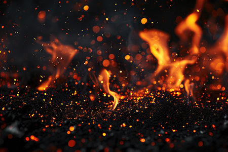Fuel your creative projects with this vibrant image of flames on a bold black background, adding intensity to your designs.の素材