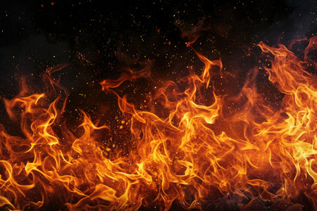 Fuel your creative projects with this vibrant image of flames on a bold black background, adding intensity to your designs.の素材