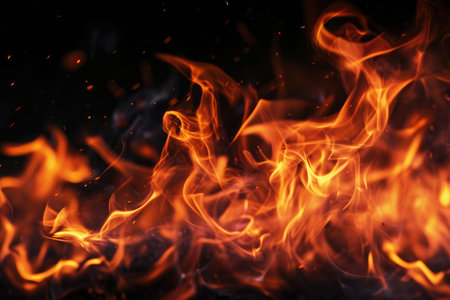 Fuel your creative projects with this vibrant image of flames on a bold black background, adding intensity to your designs.の素材