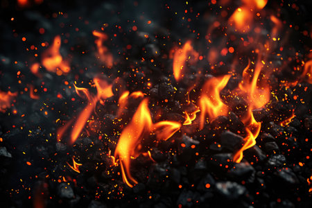 Fuel your creative projects with this vibrant image of flames on a bold black background, adding intensity to your designs.の素材
