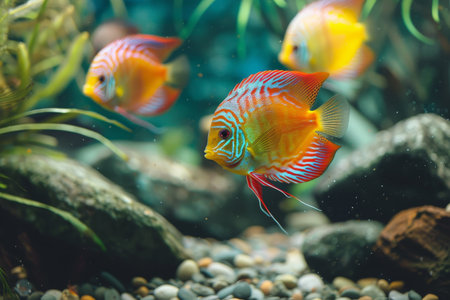A colorful discus fish is swimming in a tank with rocks and plants.の素材