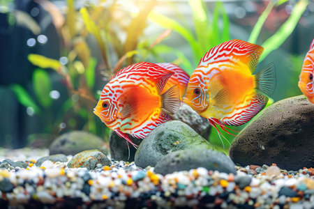 A colorful discus fish is swimming in a tank with rocks and plants.の素材