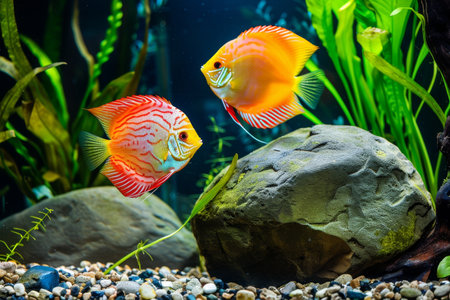 A colorful discus fish is swimming in a tank with rocks and plants.の素材
