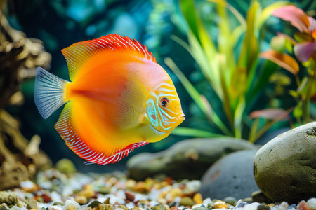 A colorful discus fish is swimming in a tank with rocks and plants.の素材