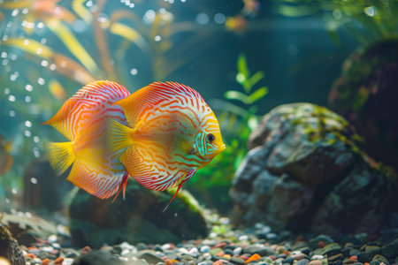 A colorful discus fish is swimming in a tank with rocks and plants.の素材