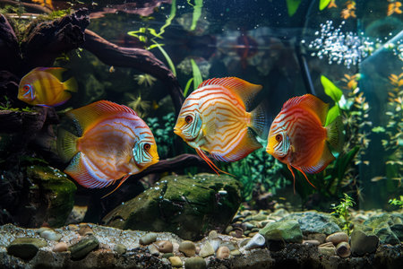 A colorful discus fish is swimming in a tank with rocks and plants.の素材