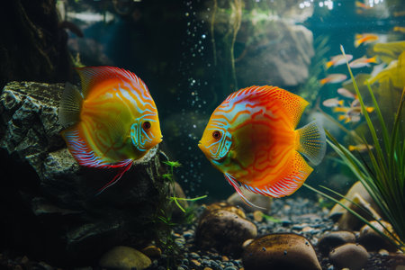 A colorful discus fish is swimming in a tank with rocks and plants.の素材