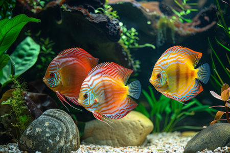 A colorful discus fish is swimming in a tank with rocks and plants.の素材