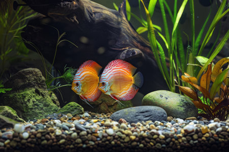 A colorful discus fish is swimming in a tank with rocks and plants.の素材