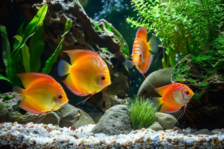 A colorful discus fish is swimming in a tank with rocks and plants.の素材