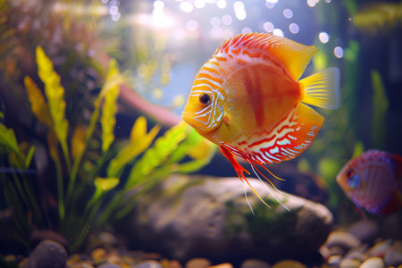 A colorful discus fish is swimming in a tank with rocks and plants.の素材