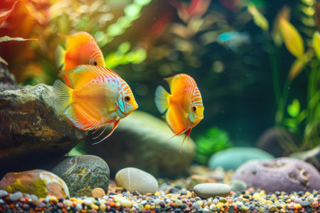 A colorful discus fish is swimming in a tank with rocks and plants.の素材