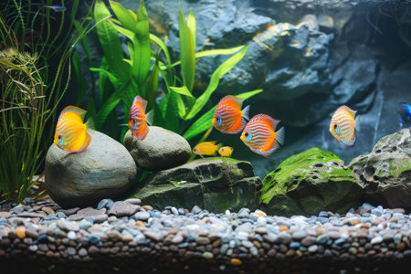 A colorful discus fish is swimming in a tank with rocks and plants.の素材