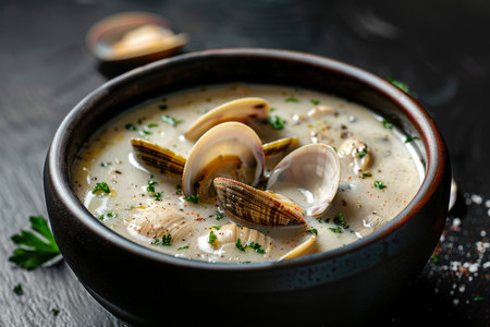 A bowl of soup with clams and parsley. The soup is creamy and has a rich colorの素材