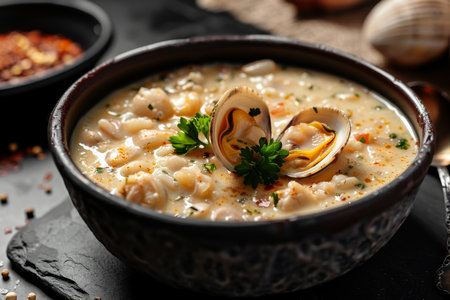 A bowl of soup with clams and parsley. The soup is creamy and has a rich colorの素材