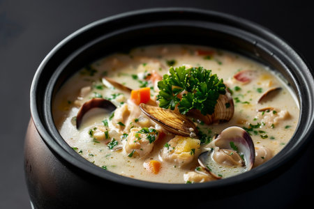 A bowl of soup with clams and parsley. The soup is creamy and has a rich colorの素材