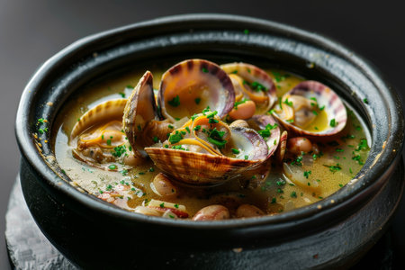 A bowl of soup with clams and parsley. The soup is creamy and has a rich colorの素材
