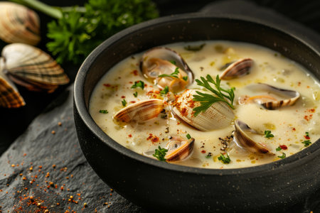 A bowl of soup with clams and parsley. The soup is creamy and has a rich colorの素材