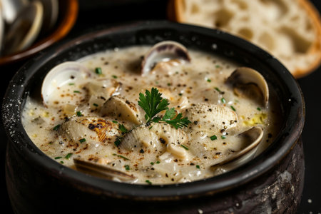 A bowl of soup with clams and parsley. The soup is creamy and has a rich colorの素材