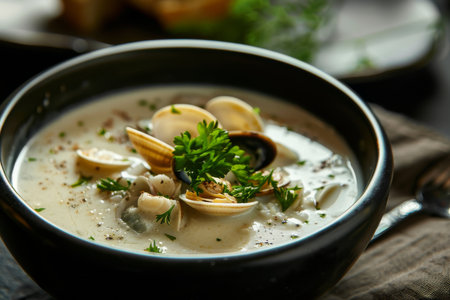 A bowl of soup with clams and parsley. The soup is creamy and has a rich colorの素材