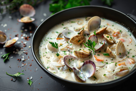 A bowl of soup with clams and parsley. The soup is creamy and has a rich colorの素材