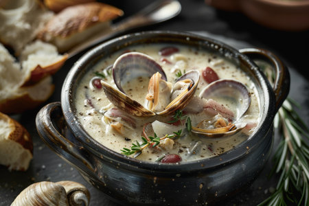 A bowl of soup with clams and parsley. The soup is creamy and has a rich colorの素材