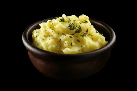 Delicious creamy mashed potatoes with butter, fresh herbs and freshly-cracked black pepperの素材